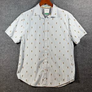 Denim & Flower Button Up Shirt Men's Large Blue Pineapple AOP Short Sleeve